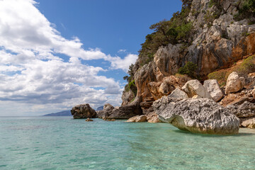 Coastline, Rocks and perfect clear turquoise water at Spiaggia di Cala Fuili, Sardinia, Italy