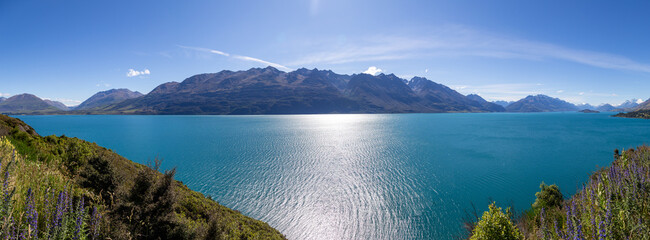 Lake Wakatipu along the road from Queenstown to Glenorchy looking towards Tooth Peaks, NZ