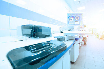 Medical laboratory with analyzers. Blur abstract background