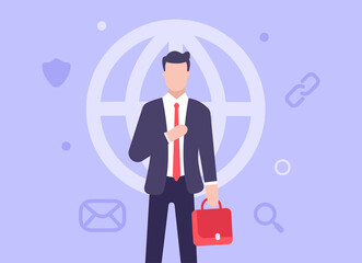 Modern business concept. A man in a business suit stands with a briefcase in his hands and straightens his jacket. Web banner. Vector illustration in modern flat style. Worldwide business network.
