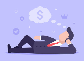 Business dreams concept. A man in a business suit lies and dreams of achieving success in business and getting a lot of money. Web banner. Vector illustration in modern flat style. EPS 10. Success.