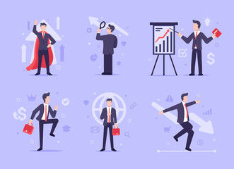 Fototapeta na wymiar Set of vector characters in flat style related to business. Profit, search, decision, risk, success, dreams in business. Men in business suits are doing business and looking for ways to improve it.