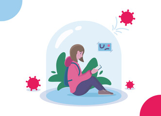 A girl sits under a dome in an apartment under full protection and reads a book while a virus knocks on her. Stay home. Greenery in the house. Coronavirus protection concept. Web Banner. Covid-19.