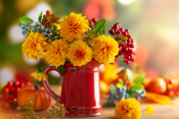 Autumn floral still life with beautiful yellow dahlia in vintage red jug and pumpkins on the table. Autumnal festive concept.