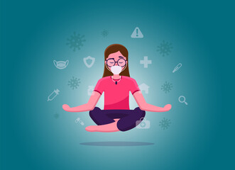 Beautiful vector girl in a mask sits in the lotus position and meditates around the virus and protects herself. Coronavirus. Covid-19. Can be used on websites and web bans. Pandemic. A dangerous virus