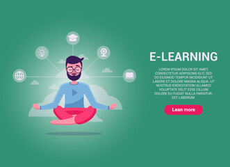 Handsome vector man sitting in lotus position and meditation. Online training. E-learning. Can be used on websites and web and. Search for new systems and trends in training. Color illustration.