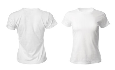Stylish t-shirts on white background. Space for design