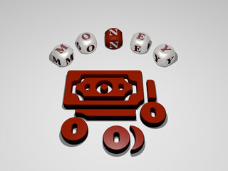 3D illustration of money graphics and text around the icon made by metallic dice letters for the related meanings of the concept and presentations. business and background