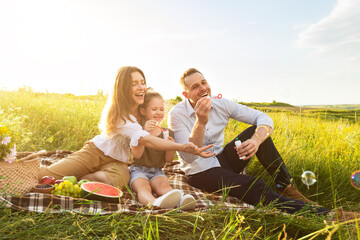 Cute family playing together on a picnic in meadow - obrazy, fototapety, plakaty