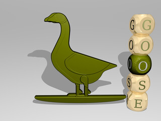 3D representation of goose with icon on the wall and text arranged by metallic cubic letters on a mirror floor for concept meaning and slideshow presentation. bird and animal