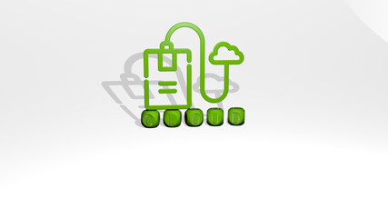 3D representation of cloud with icon on the wall and text arranged by metallic cubic letters on a mirror floor for concept meaning and slideshow presentation. background and blue