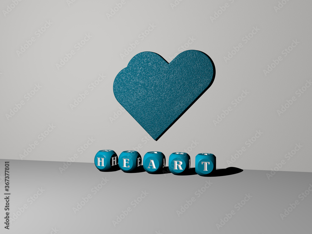 Poster 3d graphical image of heart vertically along with text built by metallic cubic letters from the top 