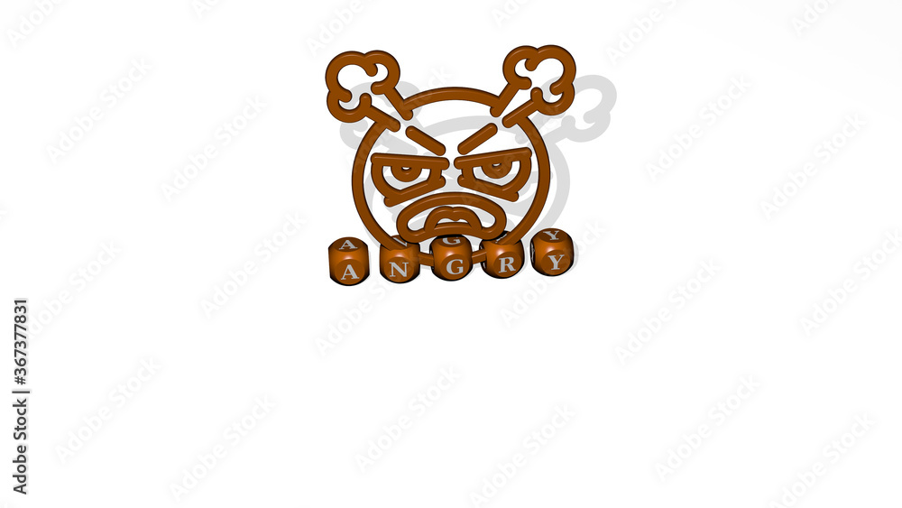 Poster 3d representation of angry with icon on the wall and text arranged by metallic cubic letters on a mi