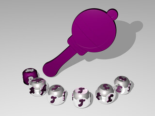 3D illustration of RATTLE graphics and text around the icon made by metallic dice letters for the related meanings of the concept and presentations. baby and child