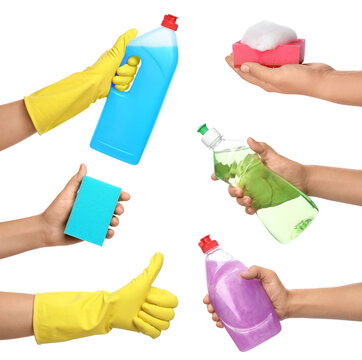 Collage with photos of people holding cleaning supplies on white background, closeup