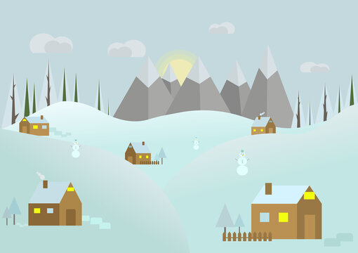 Snowy landscape panorama.Flat winter. Winter vector background.
