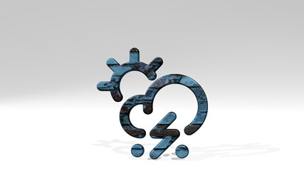 WEATHER SNOW THUNDER casting shadow with two lights. 3D illustration of metallic sculpture over a white background with mild texture. blue and beautiful