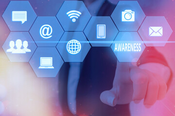Text sign showing Awareness. Business photo showcasing quality or state of being aware of knowledge...