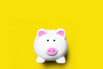 Money saving background. Piggy bank isolated on yellow. Home budget planning empty copy space. Ceramic toy container jar in shape of animal for collecting coins and banknotes.