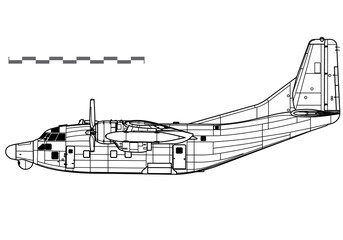 Fairchild AC-123K, NC-123K. Vector drawing of special operation aircraft. Side view. Image for illustration and infographics. - obrazy, fototapety, plakaty