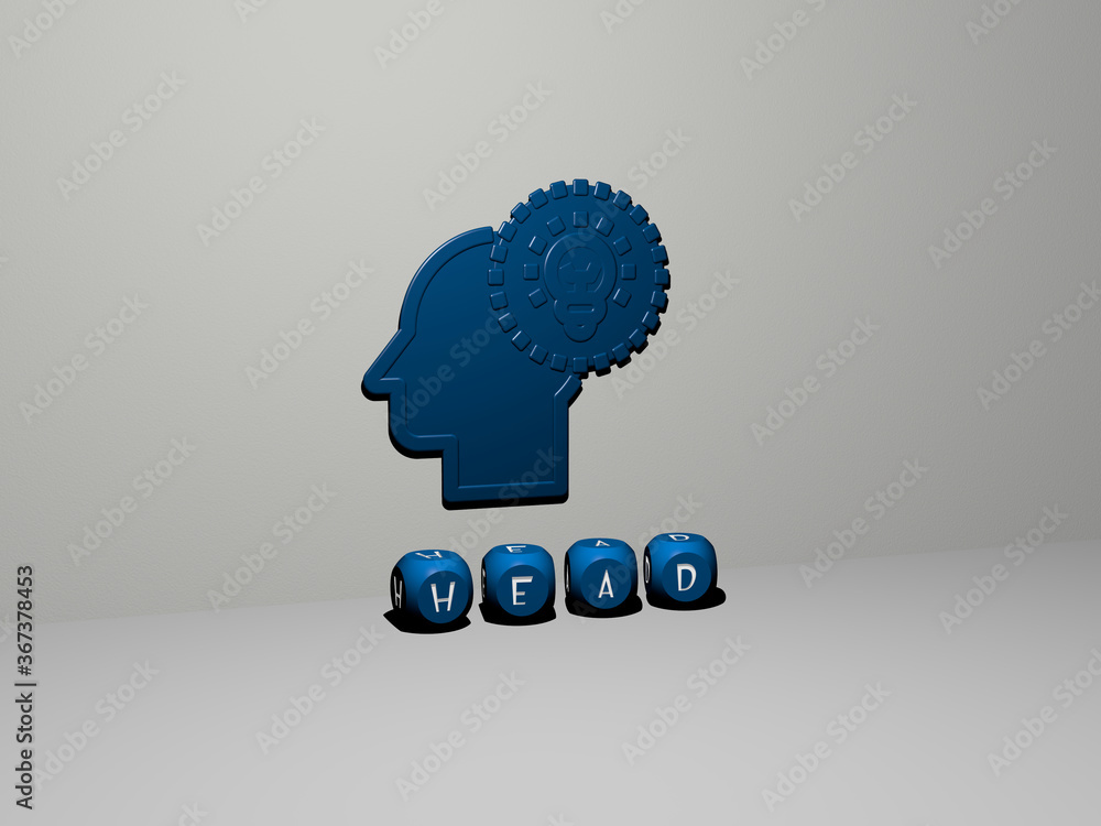 Poster 3D representation of HEAD with icon on the wall and text arranged by metallic cubic letters on a mirror floor for concept meaning and slideshow presentation. illustration and background
