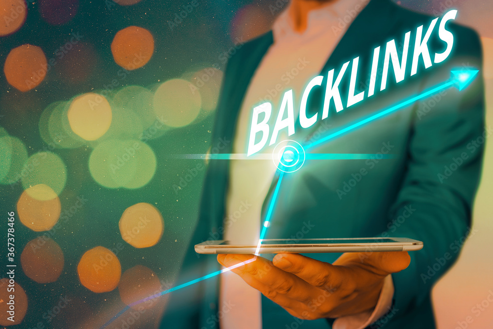 Poster word writing text backlinks. business photo showcasing links from one website to a page on another w