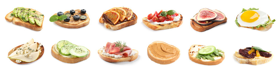 Set of toasted bread with different toppings on white background, banner design