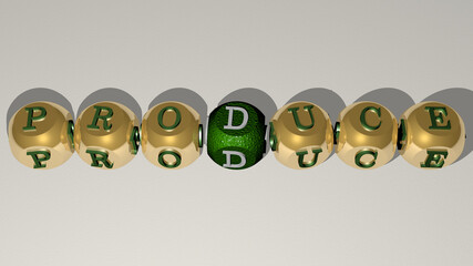 PRODUCE combined by dice letters and color crossing for the related meanings of the concept. fresh and food