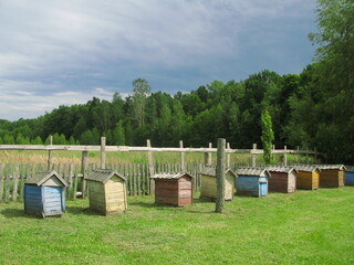 Painted wooden colorful beehives in the open-air museum Sioło Budy, Podlasie Province, Poland