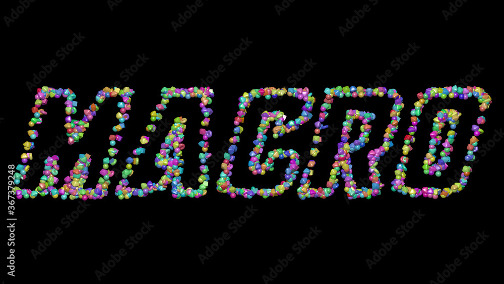 Poster macro written in 3d illustration by colorful small objects casting shadow on a black background. clo