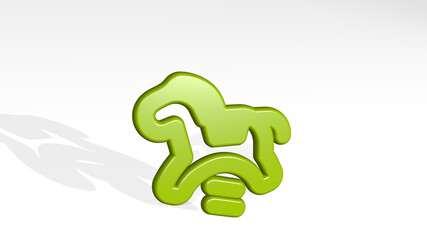 toys rocking horse from a perspective with the shadow. A thick sculpture made of metallic materials of 3D rendering. background and christmas