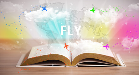 Open book with FLY inscription, vacation concept