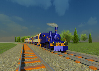 Blue express 3D illustration. Old steamer train. a tourist attraction, running on the railway. Collection.