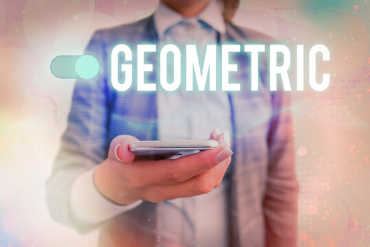 Text sign showing Geometric. Business photo showcasing using straight or curved lines in designs and many more. Graphics padlock for web data information security application system