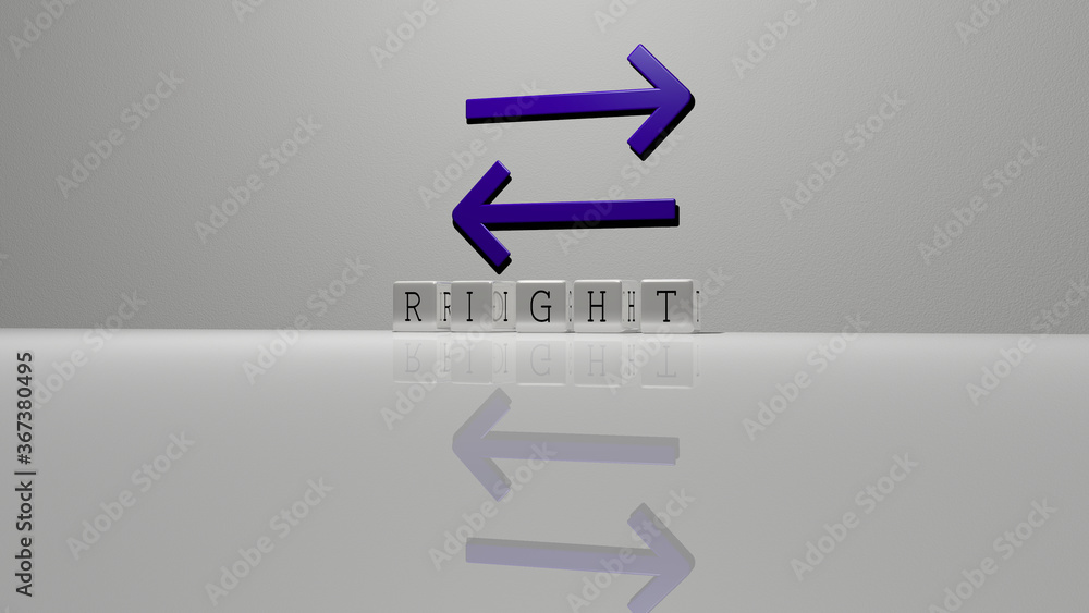 Poster 3d representation of right with icon on the wall and text arranged by metallic cubic letters on a mi
