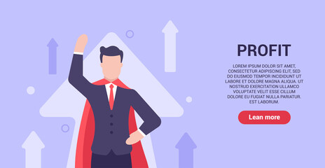 Business profit modern concept. A man in a business suit and a red cloak strives to earn as much money as possible. Web banner. Vector illustration in modern flat style. Upward movement. EPS 10.