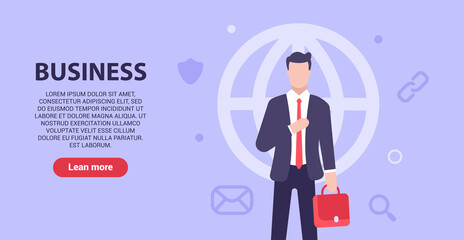 Modern business concept. A man in a business suit stands with a briefcase in his hands and straightens his jacket. Web banner. Vector illustration in modern flat style. Worldwide business network.