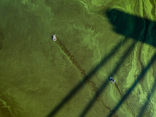 Aerial drone view. Two fishing boats in the shadow of the North Bridge in Kiev. Green blooming...