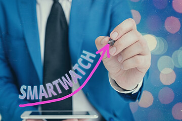 Handwriting text writing Smartwatch. Conceptual photo mobile device with touchscreen display, to be...