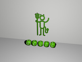 3D illustration of devil graphics and text made by metallic dice letters for the related meanings of the concept and presentations. cartoon and background