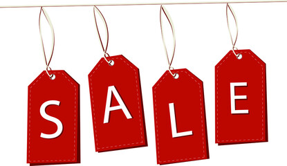 Obraz na płótnie Canvas It's time for seasonal discounts and sales. A set of red labels, which hang at different levels with the inscription of discounts. Vector illustration