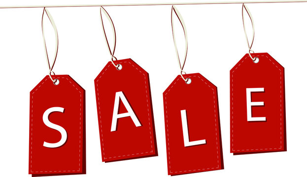 It's time for seasonal discounts and sales. A set of red labels, which hang at different levels with the inscription of discounts. Vector illustration