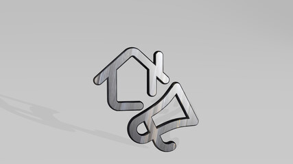 advertising megaphone casting shadow from a perspective. A thick sculpture made of metallic materials of 3D rendering. illustration and background