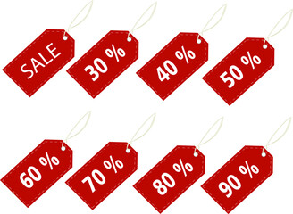 It's time for seasonal discounts and sales. Set of red labels with discount percentage. Vector illustration