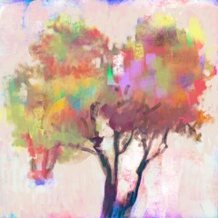 Hand painted Abstract impressionist blooming trees painting with multicolored flowers and leaves for decorative background, design and posters, painted with watercolor guache effect, one of a kind.