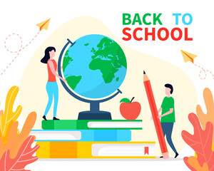 Back to school banner or landing page in flat cartoon style. Big globe on stack of book with tiny people and autumn leaves. Concept of education, learning, school library.
