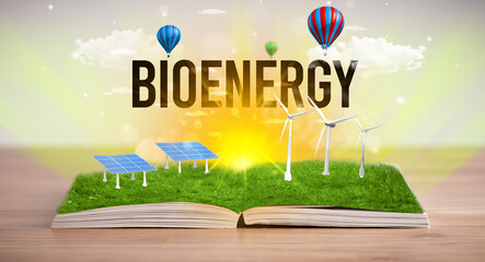 Open book with BIOENERGY inscription, renewable energy concept