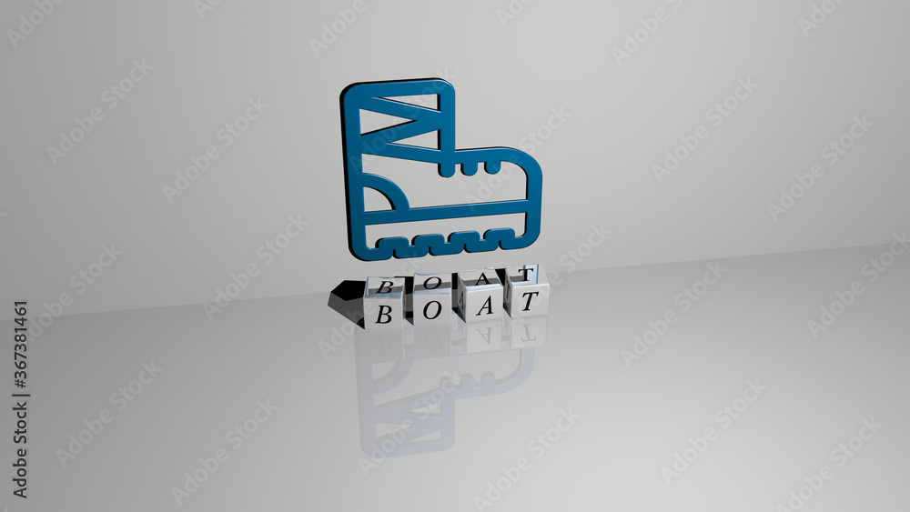 Poster 3d graphical image of boat vertically along with text built by metallic cubic letters from the top p
