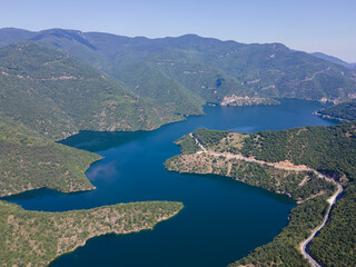 Fototapeta premium Aerial view of The Vacha (Antonivanovtsi) Reservoir, Bulgaria