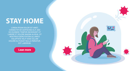 A girl sits under a dome in an apartment under full protection and reads a book while a virus knocks on her. Stay home. Greenery in the house. Coronavirus protection concept. Web Banner. Covid-19.